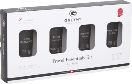 Greymy Дорожный набор для ухода за волосами Travel Essentials Kit: Шампунь+Кондиционер+Маска для блеска+Маска для восст 4x50 мл 